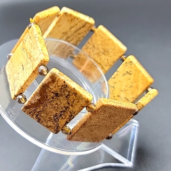 Natural Gemstone Picture Jaspet Smokey Quartz Stretch Bracelet US Size 7.5" - Picture 2 of 9